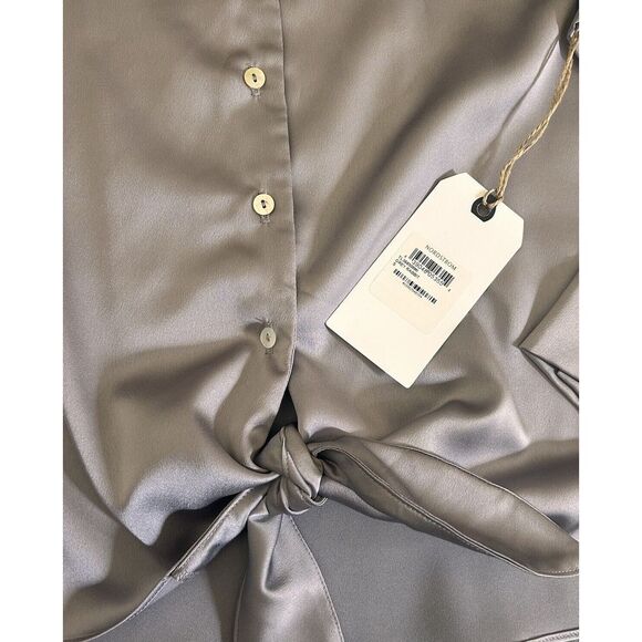 Leith Women's Satin Front Knot Tie Long Sleeve Blouse Made In USA Grey Sz S NWT - Picture 6 of 7